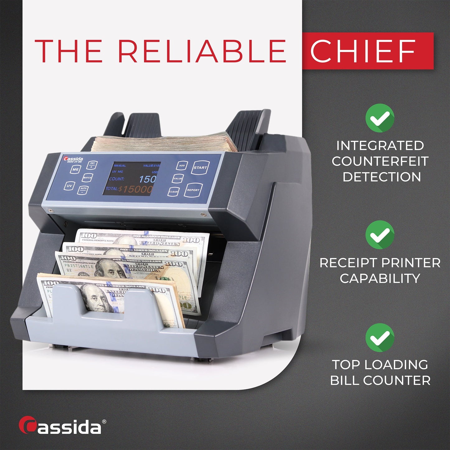 Cassida 6600 UV/MG Top Loading Bill Counter with Counterfeit Detection & Valucount